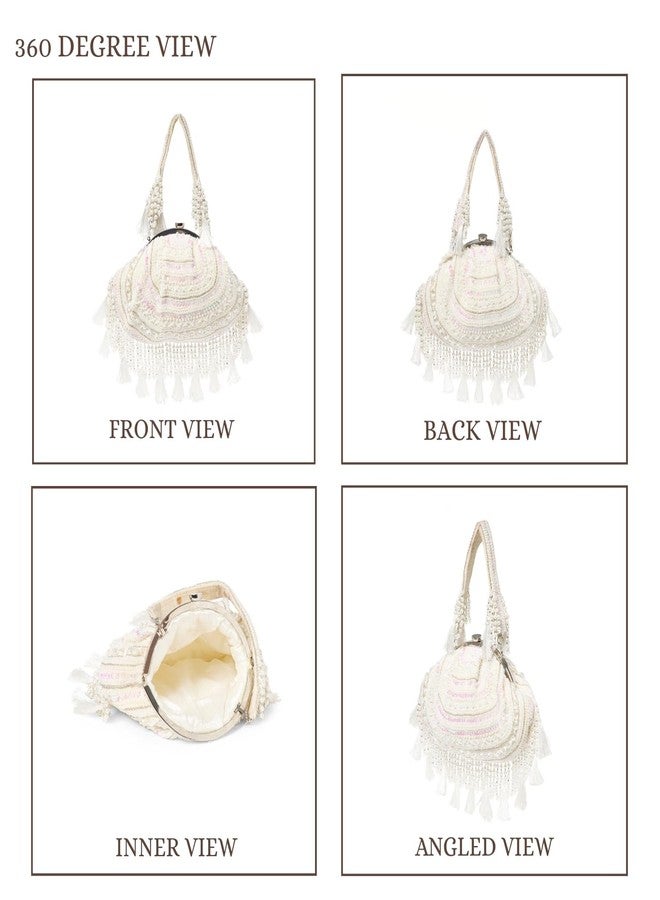 Anekaant Dewdrop Fringe Ivory Embellished Velvet Clutch For Women | Ideal for Weddings & Festive Occasions - Image 4